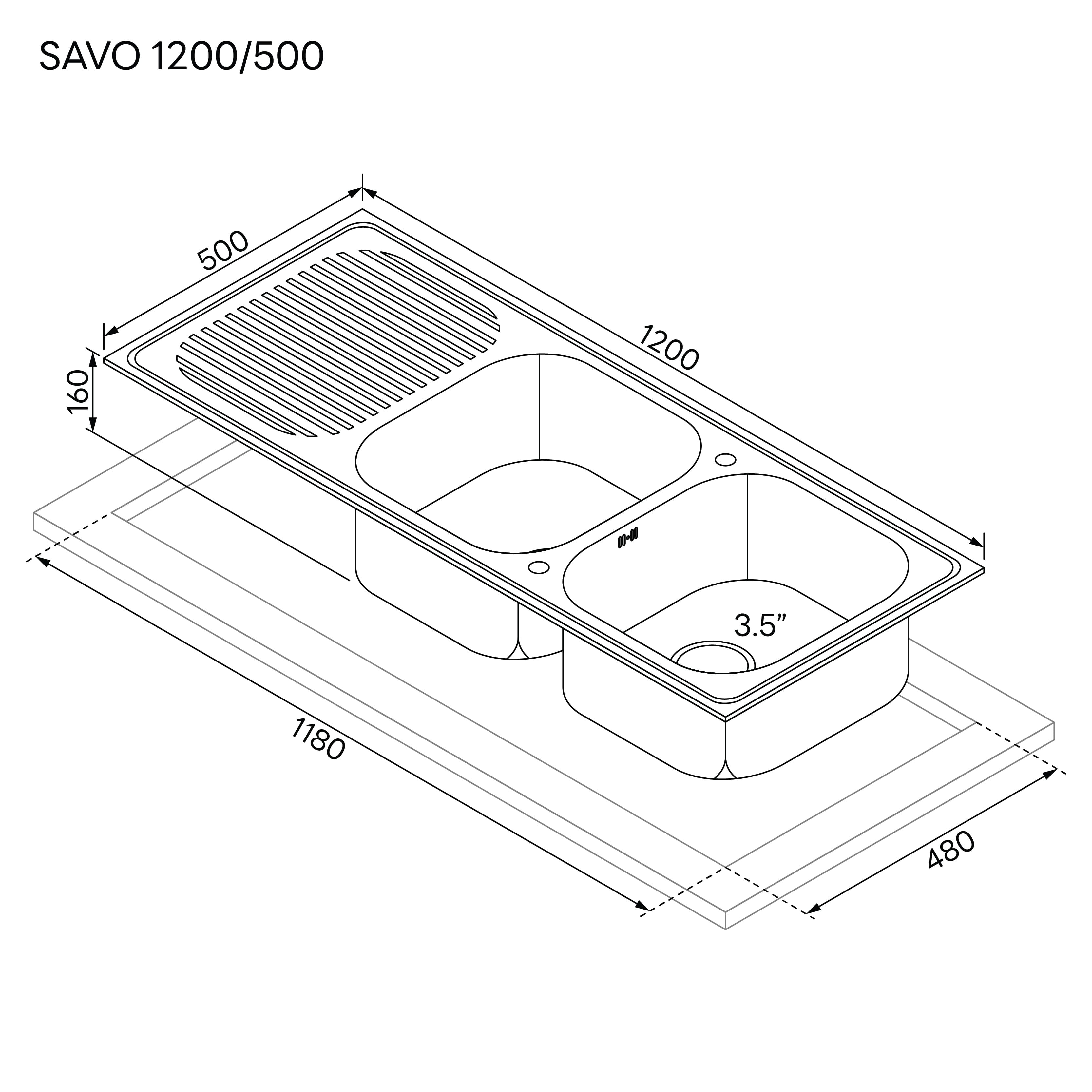 ซิงค์ฝัง 2 หลุม 1 ที่พัก EVE SAVO 1200/500 ขนาด 120 ซม._2